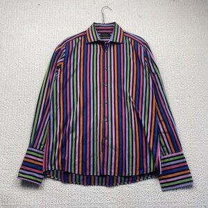 Duchamp Long Sleeve Dress Shirt French Cuff Men Size 16 Multicolor Retro Stripes